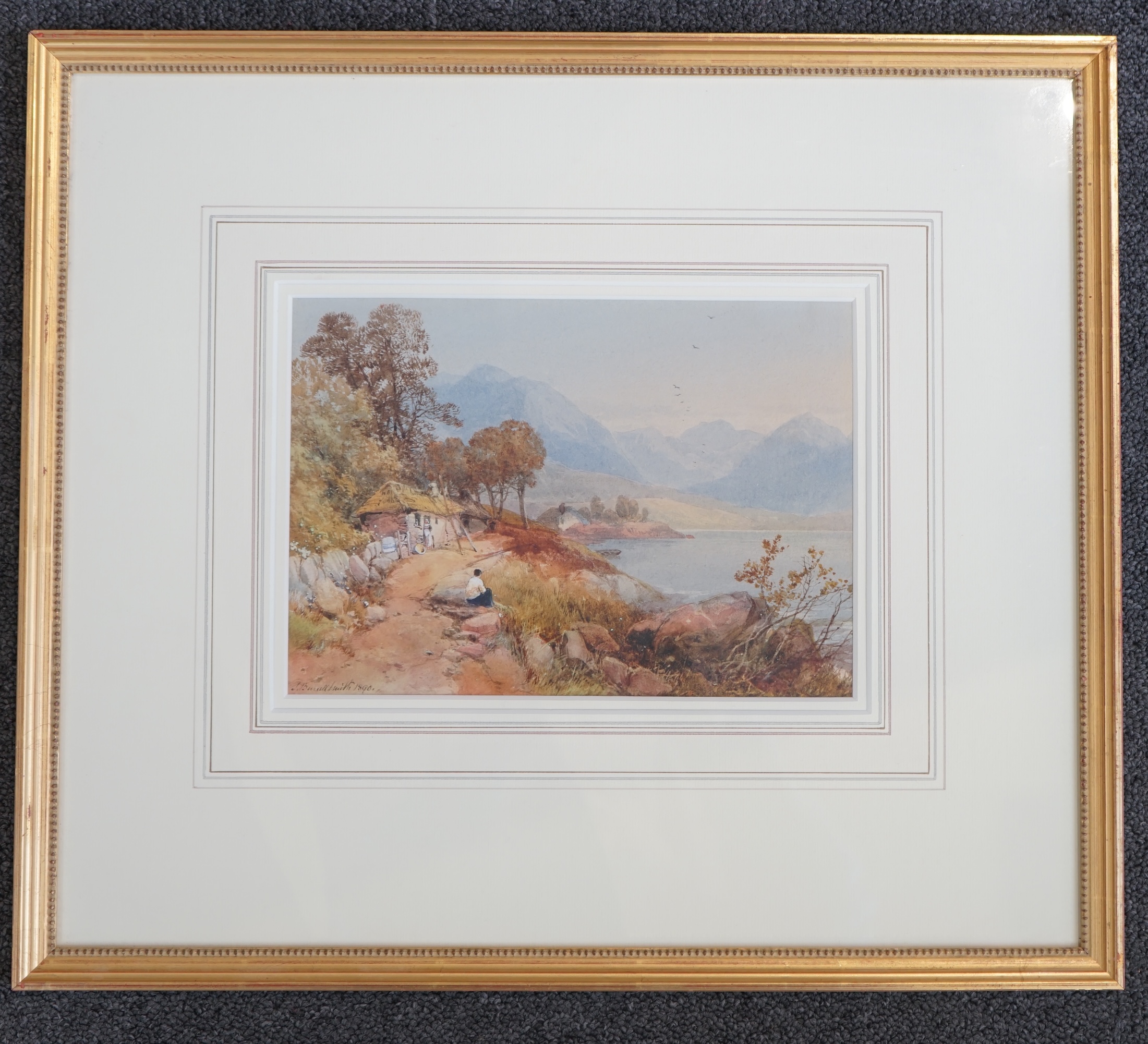 James Burrell Smith (British, 1822-1897), watercolour, Figure and cottage beside a lake, signed and dated 1890, 16.5 x 23.5cm. Condition - good